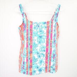 Lands End Aqua Blue Floral Pattern Swim Tankini Top Scoop Neck Underwire Size 8